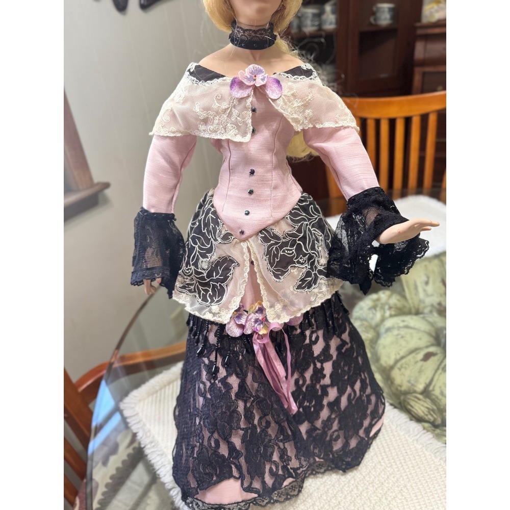 Katherine Liu AEL Porcelain Doll 23" Victorian Pink Black Lace Dress Blonde Hair - Picture 3 of 7
